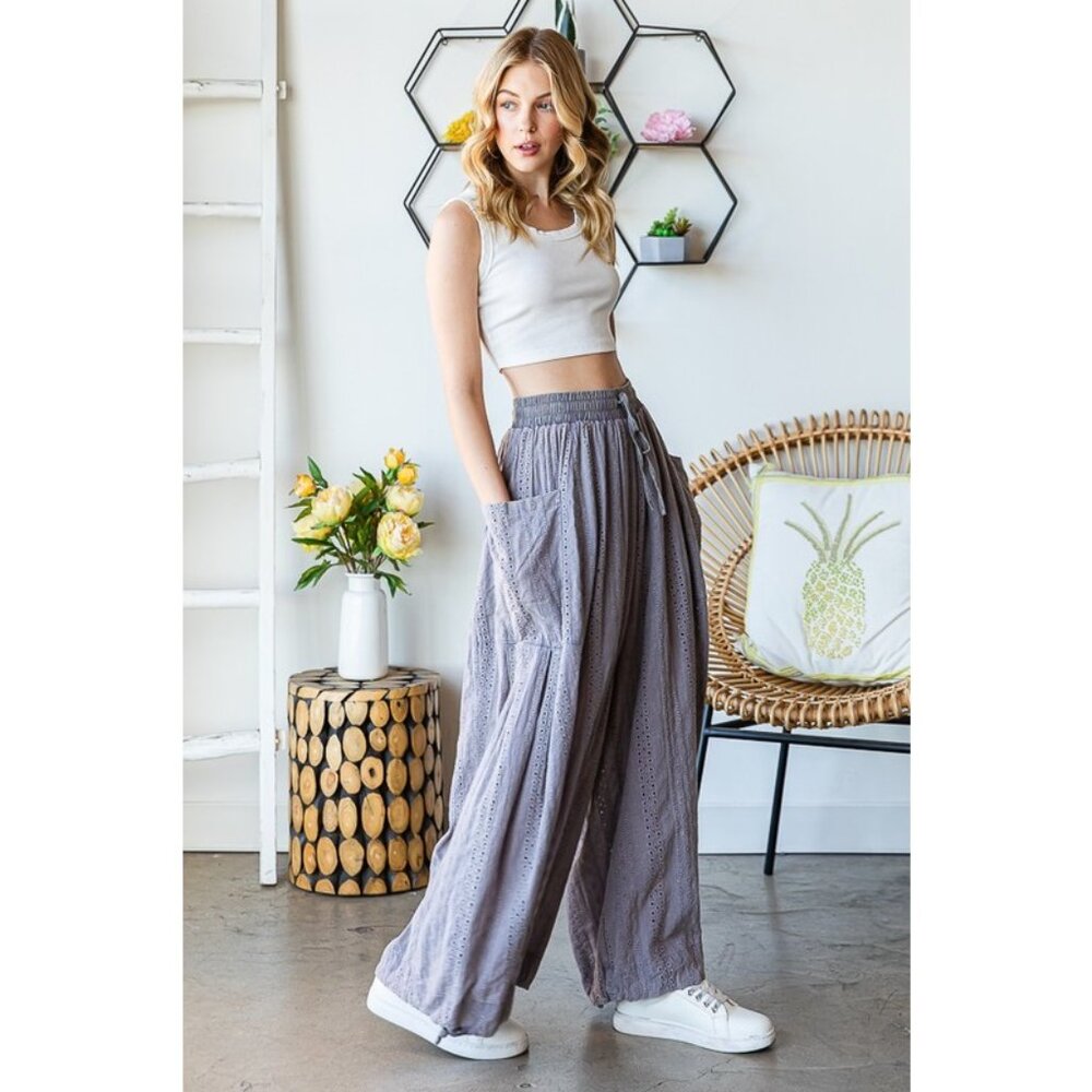Oli & Hali Mineral Washed Wide Leg Lavendar Eyelet Knit Pants NEW Size Medium